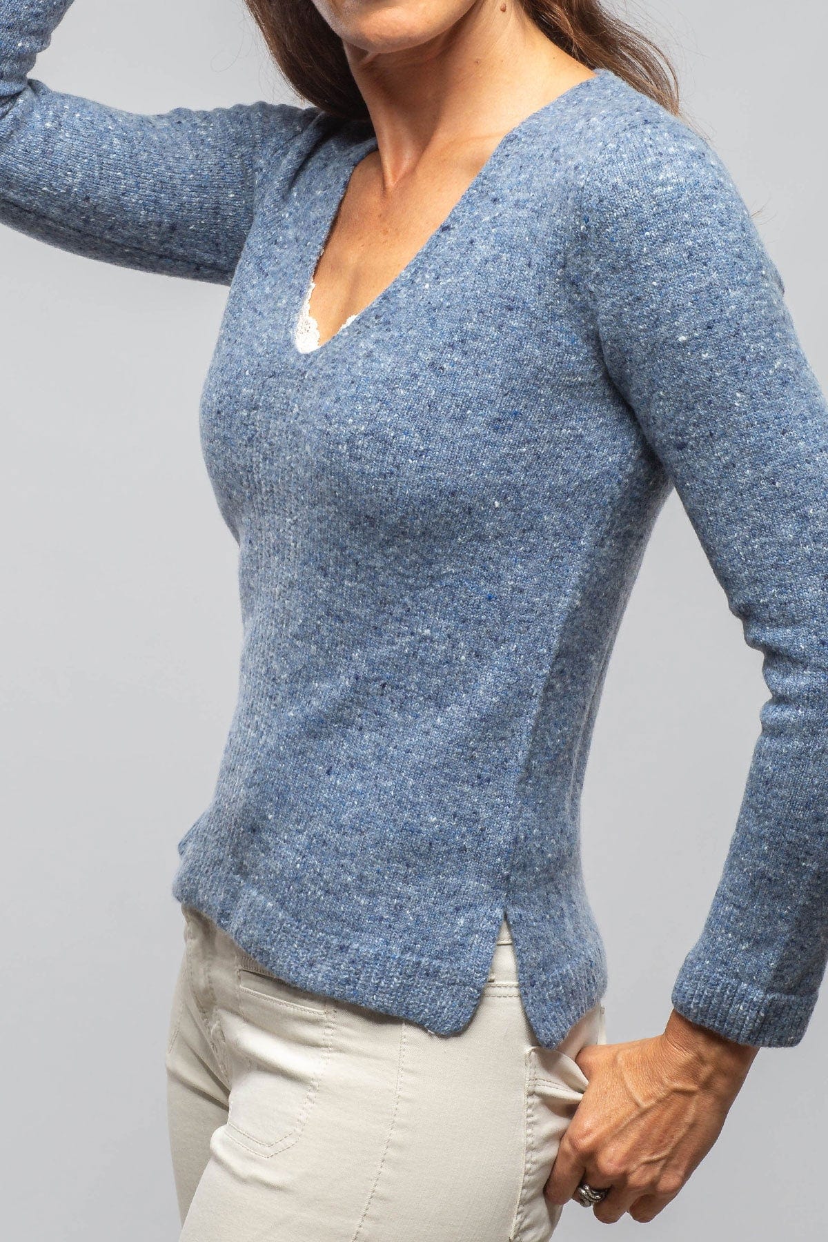 Cleo V-Neck Donegal Sweater In Soft Denim - AXEL'S