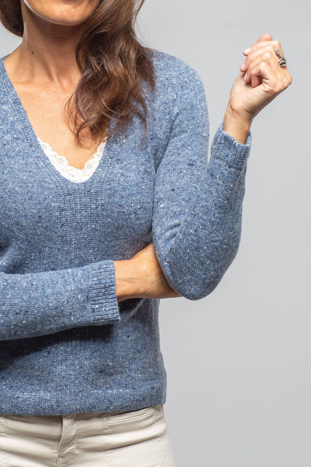 Cleo V-Neck Donegal Sweater In Soft Denim - AXEL'S