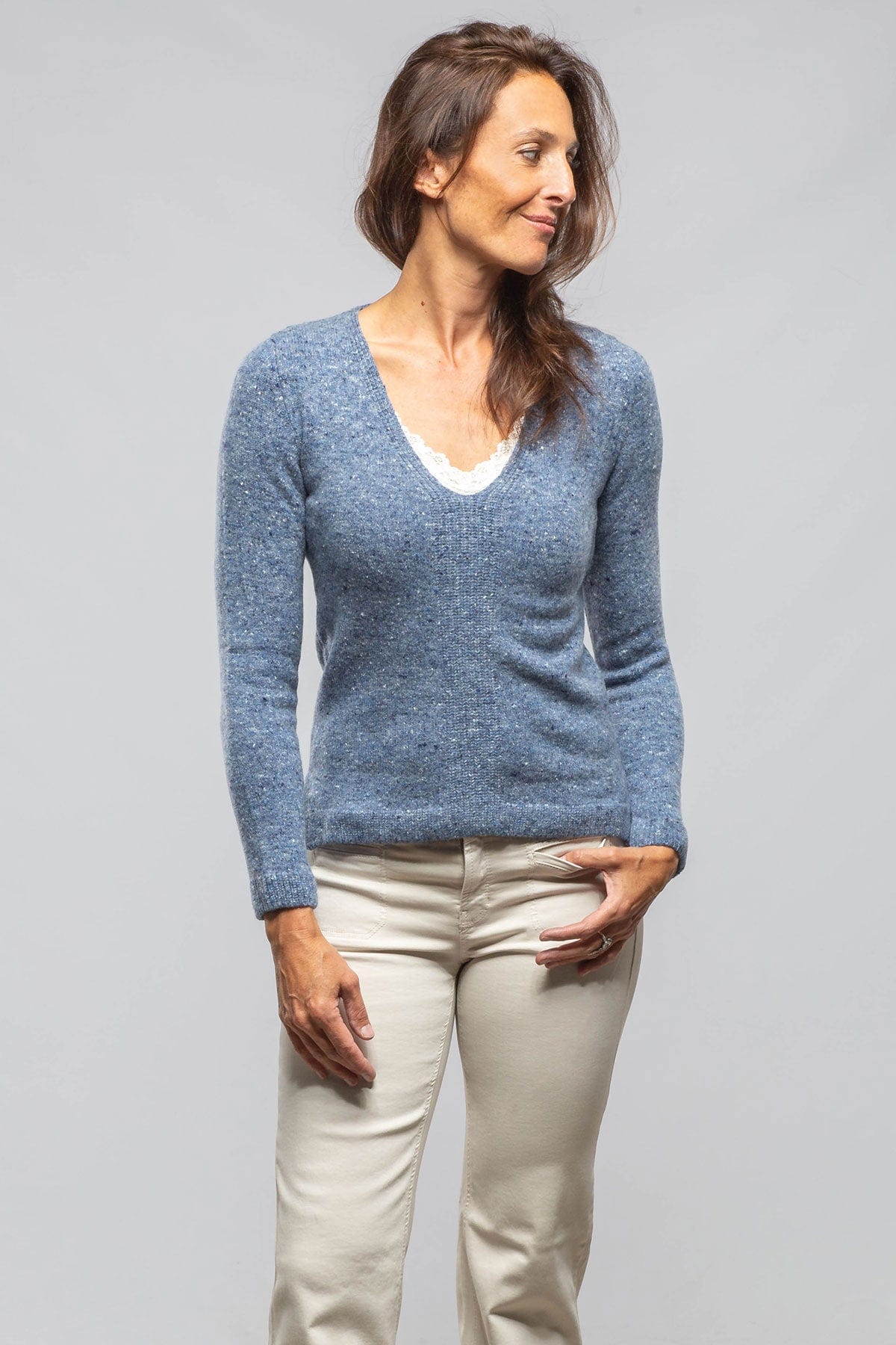 Cleo V-Neck Donegal Sweater In Soft Denim - AXEL'S
