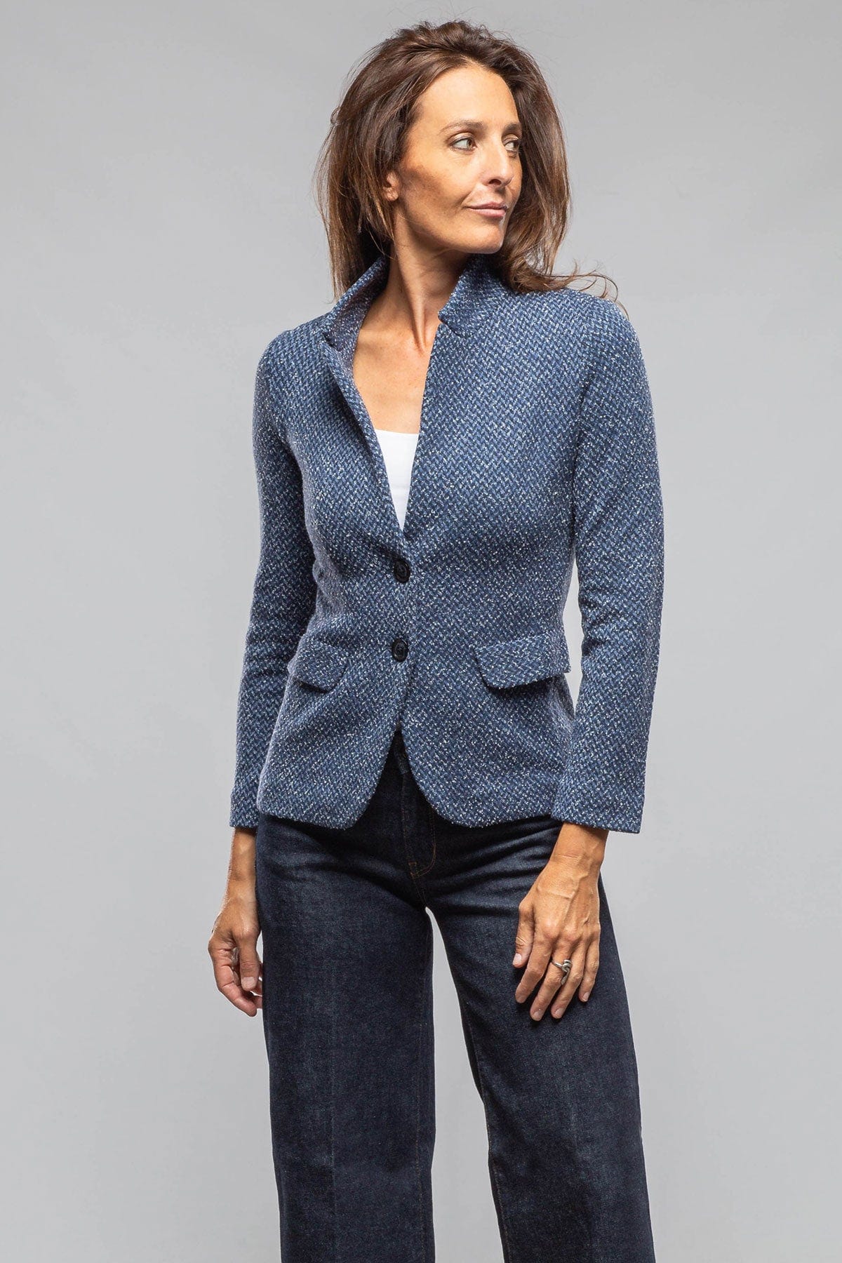 Litta Chevron Knit Jacket In Denim - AXEL'S