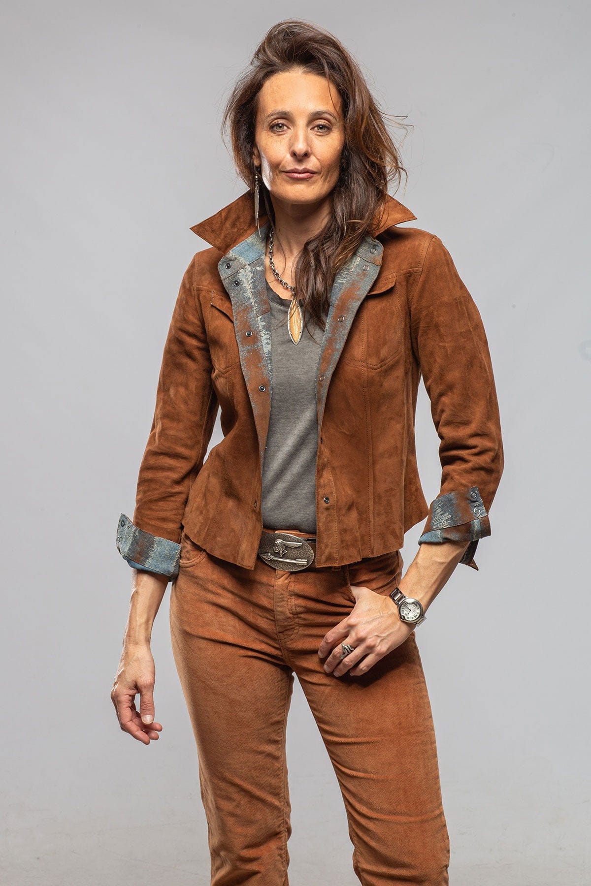 Delaney Reversible Suede/Denim Madras Snap Shirt - AXEL'S