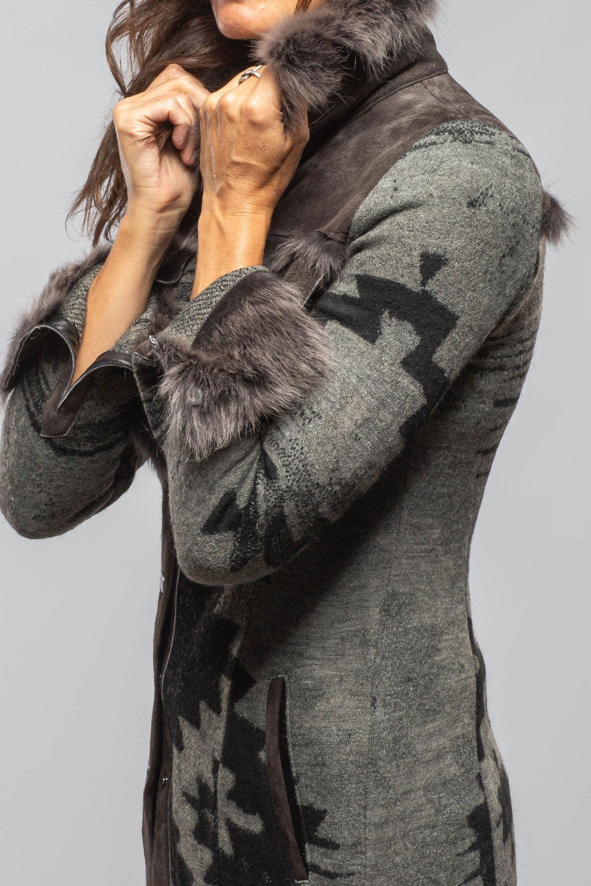 Dyani Aztec Knit & Shearling Sweater Coat In Moss Grey - AXEL'S