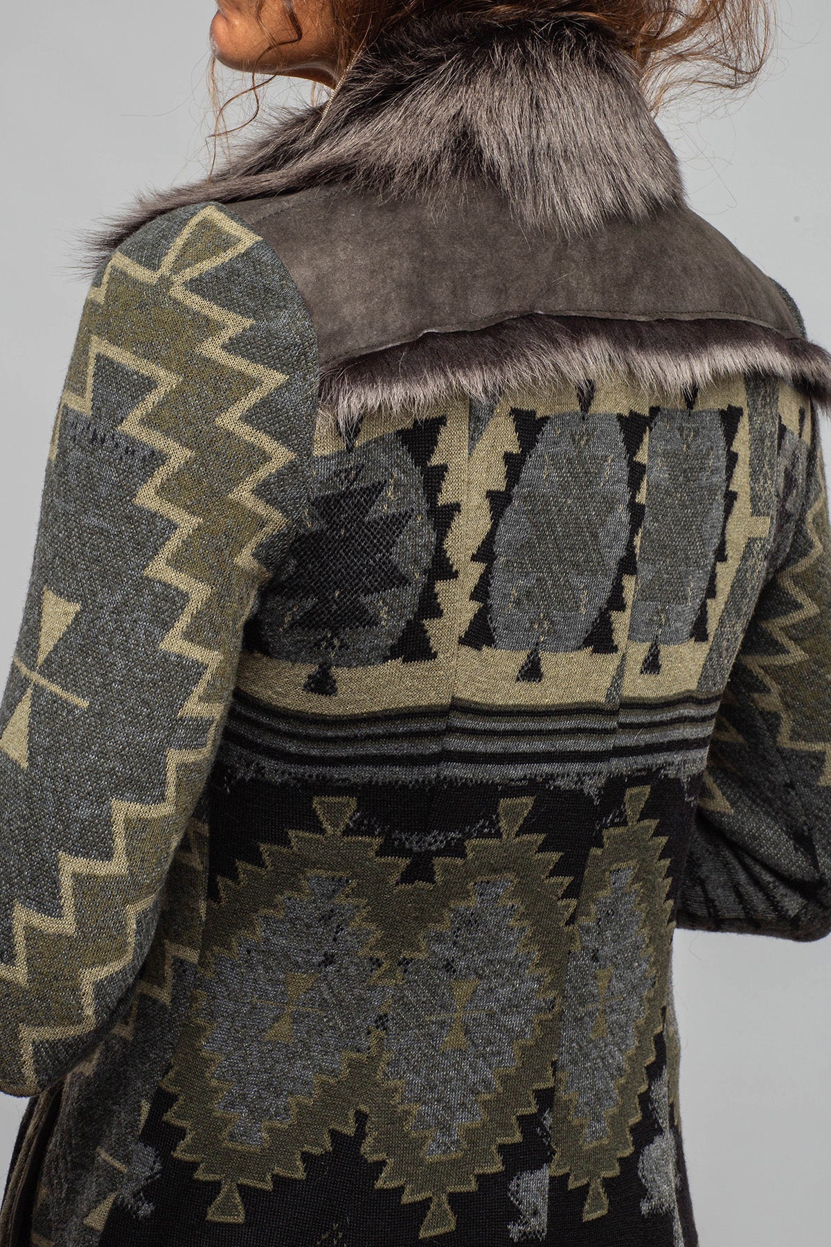 Artico Dyani Aztec Knit & Shearling Sweater Coat In Moss Grey Ladies - Outerwear - Shearling