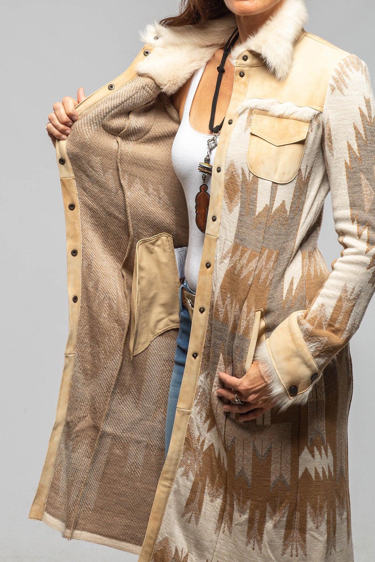 Dyani Navajo Knit & Shearling Sweater Coat In Palomino - AXEL'S