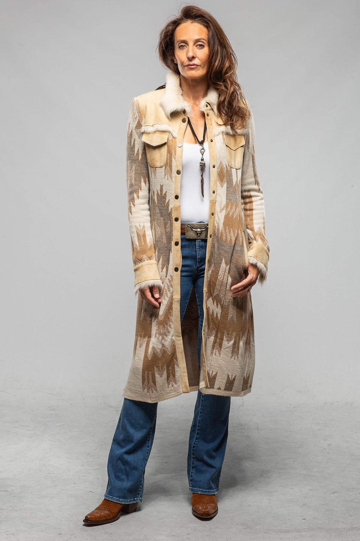 Dyani Navajo Knit & Shearling Sweater Coat In Palomino - AXEL'S