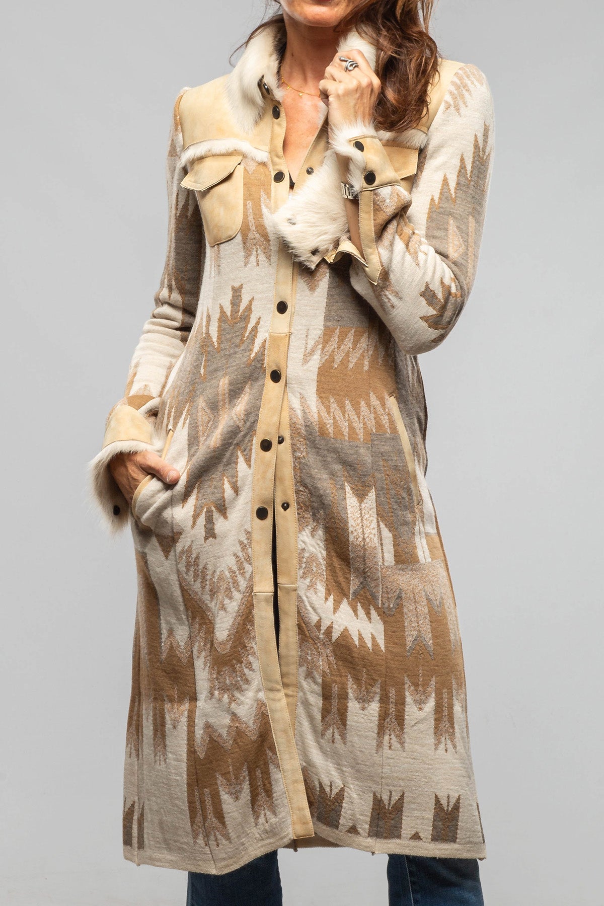 Dyani Navajo Knit & Shearling Sweater Coat In Palomino - AXEL'S