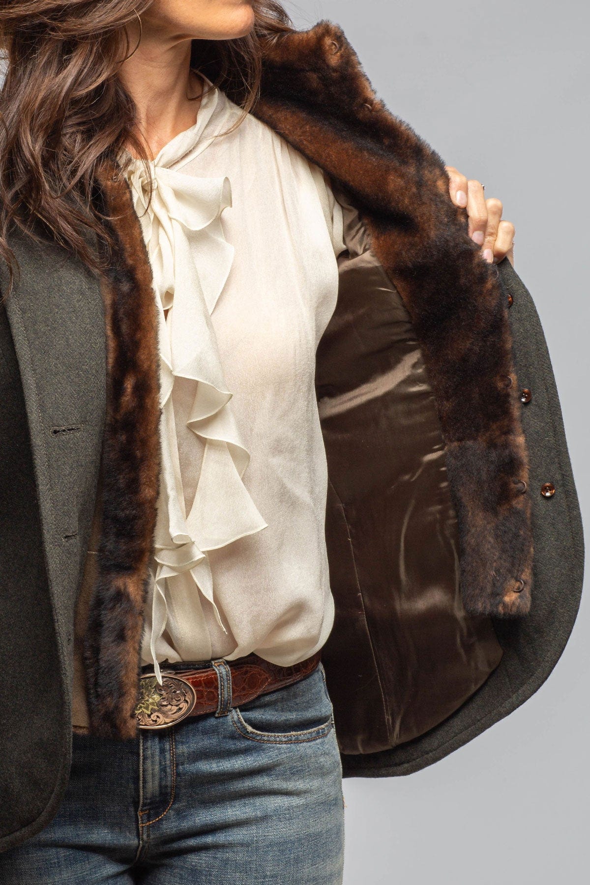 Eden Wool Jacket with Shearling Insert In Loden - AXEL'S