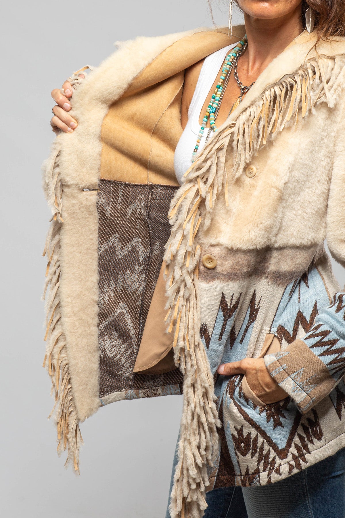Artico Malia Knit Shearling Coat In Azure Ladies - Outerwear - Shearling