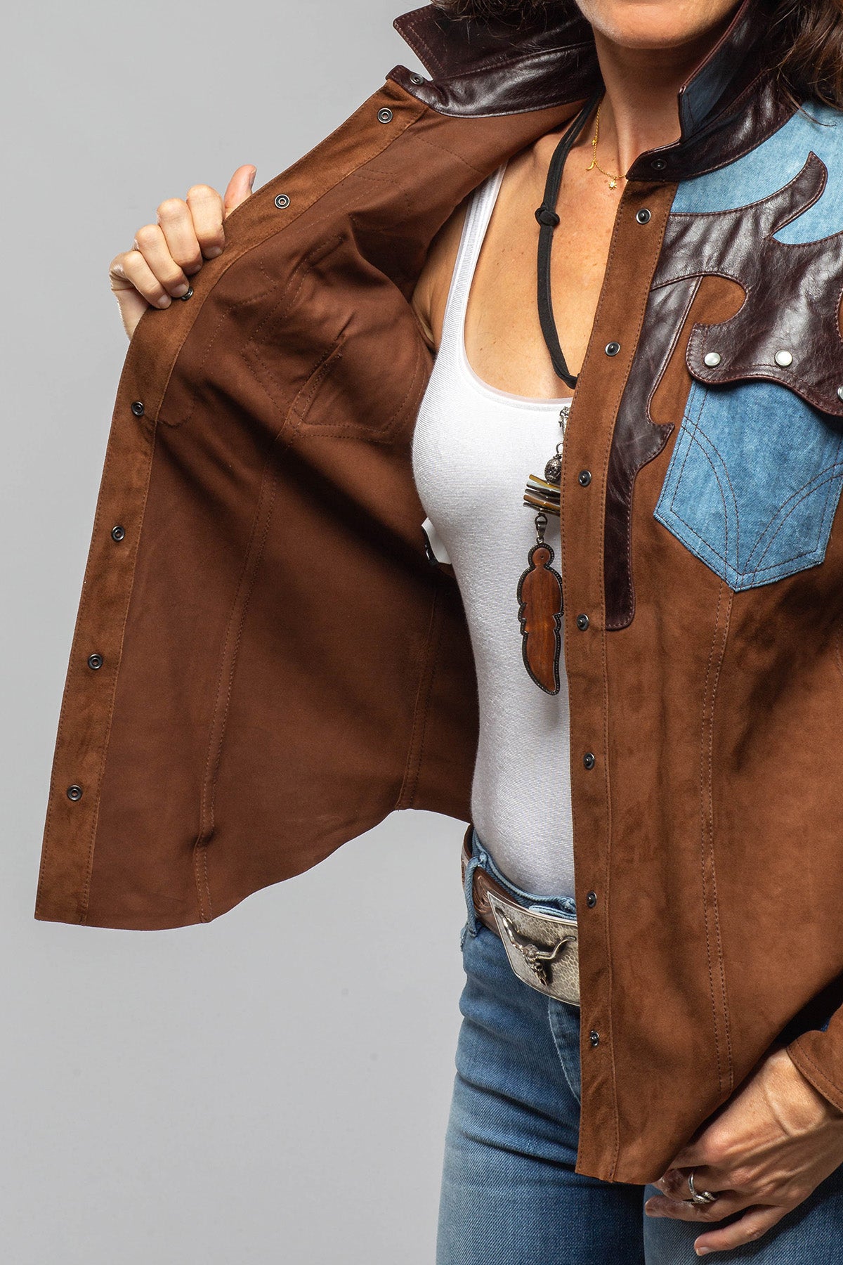 Tulla Suede & Denim Snap Shirt In Chocolate - AXEL'S