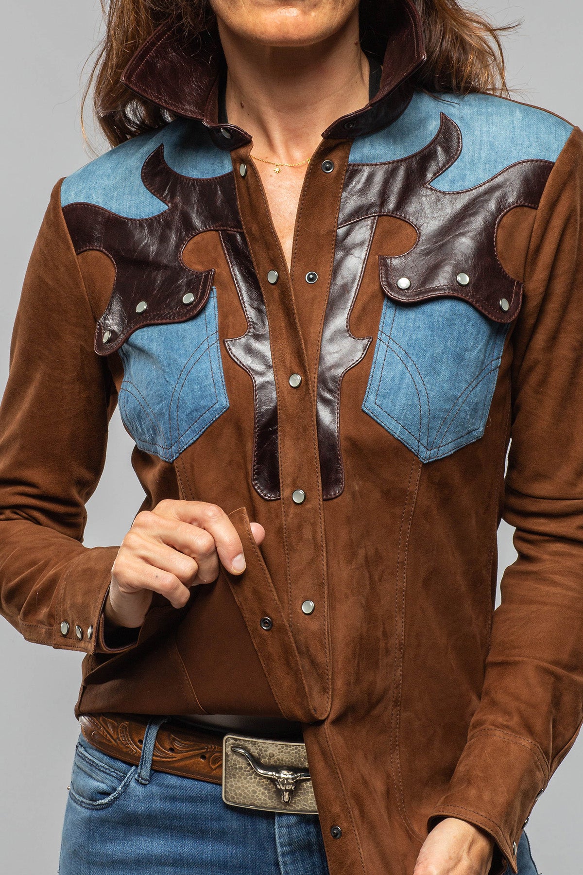 Tulla Suede & Denim Snap Shirt In Chocolate - AXEL'S