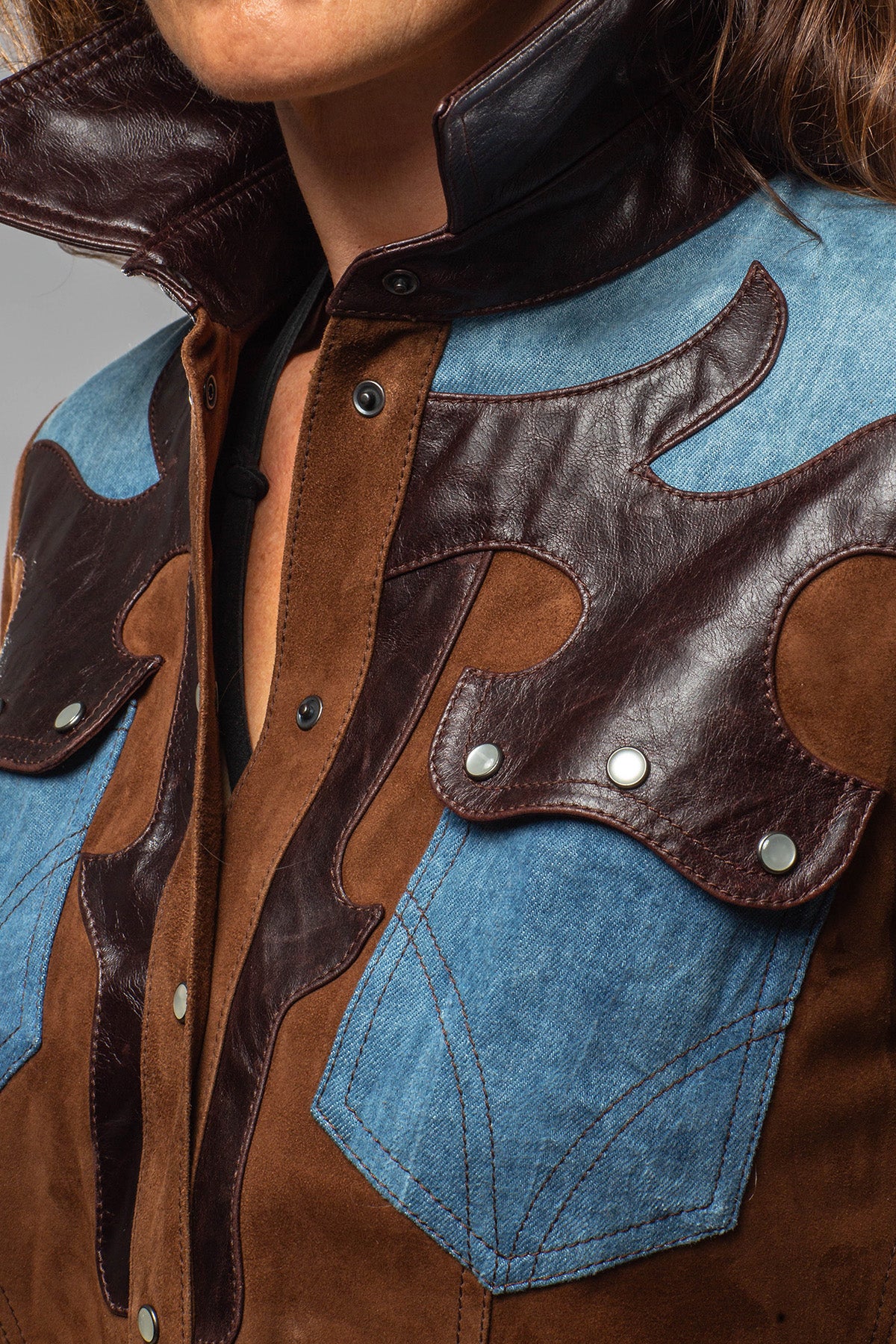 Tulla Suede & Denim Snap Shirt In Chocolate - AXEL'S