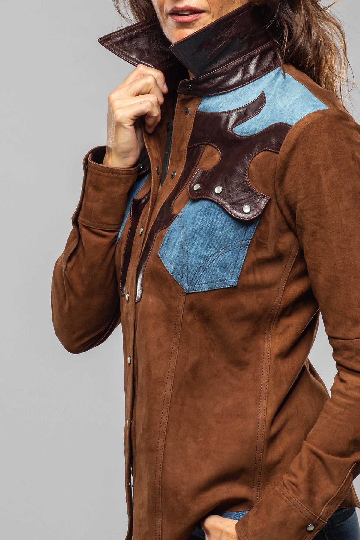 Tulla Suede & Denim Snap Shirt In Chocolate - AXEL'S