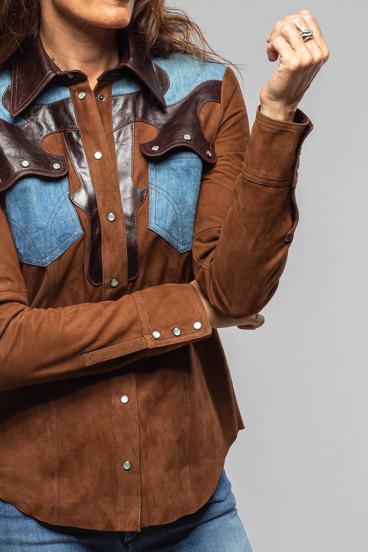 Tulla Suede & Denim Snap Shirt In Chocolate - AXEL'S