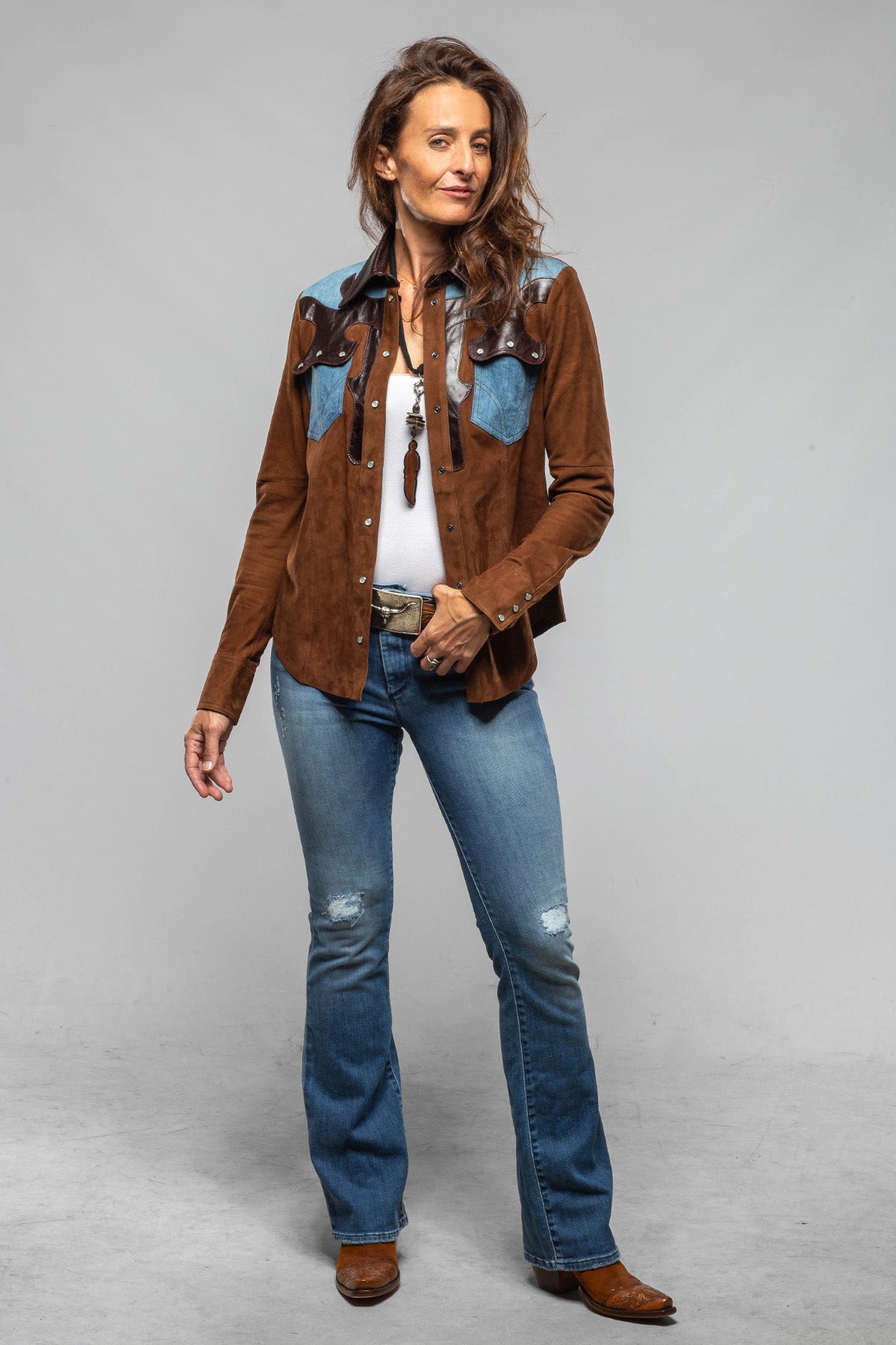 Tulla Suede & Denim Snap Shirt In Chocolate - AXEL'S