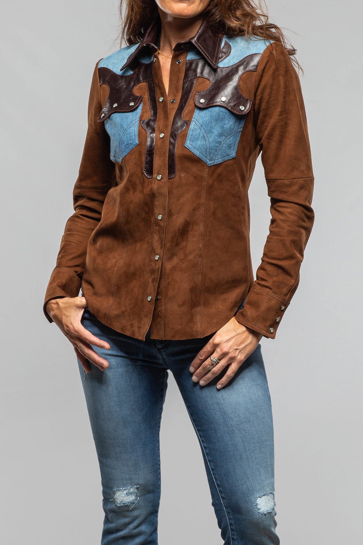 Tulla Suede & Denim Snap Shirt In Chocolate - AXEL'S
