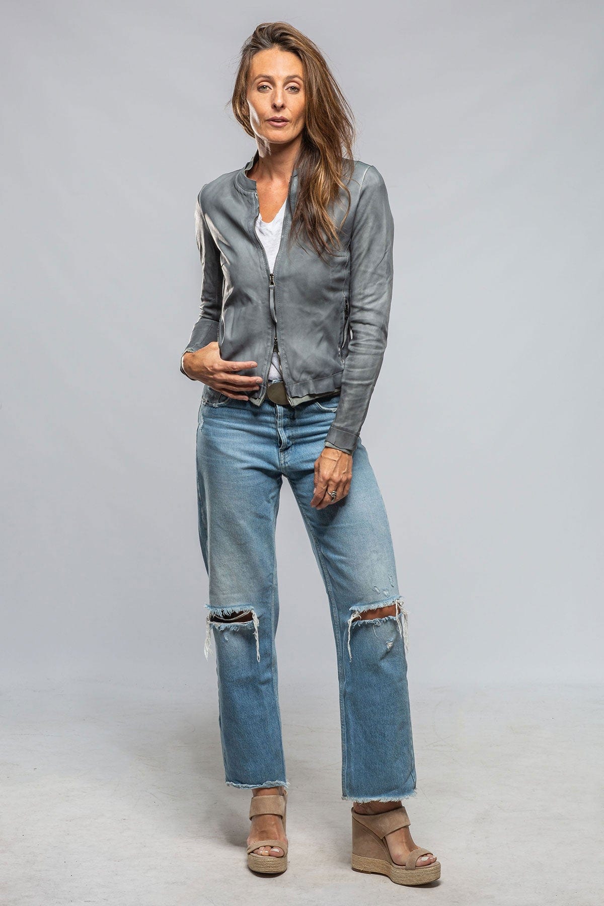 Ania Washed Leather Jacket In Steel Grey - AXEL'S