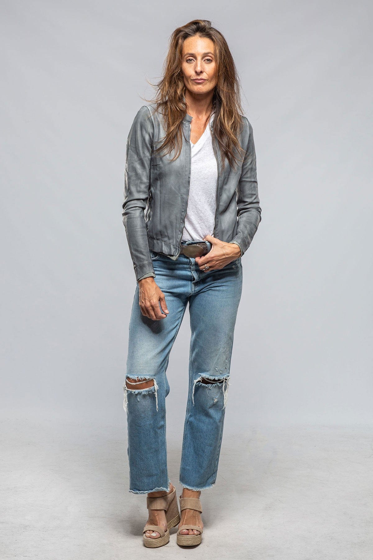 Ania Washed Leather Jacket In Steel Grey - AXEL'S