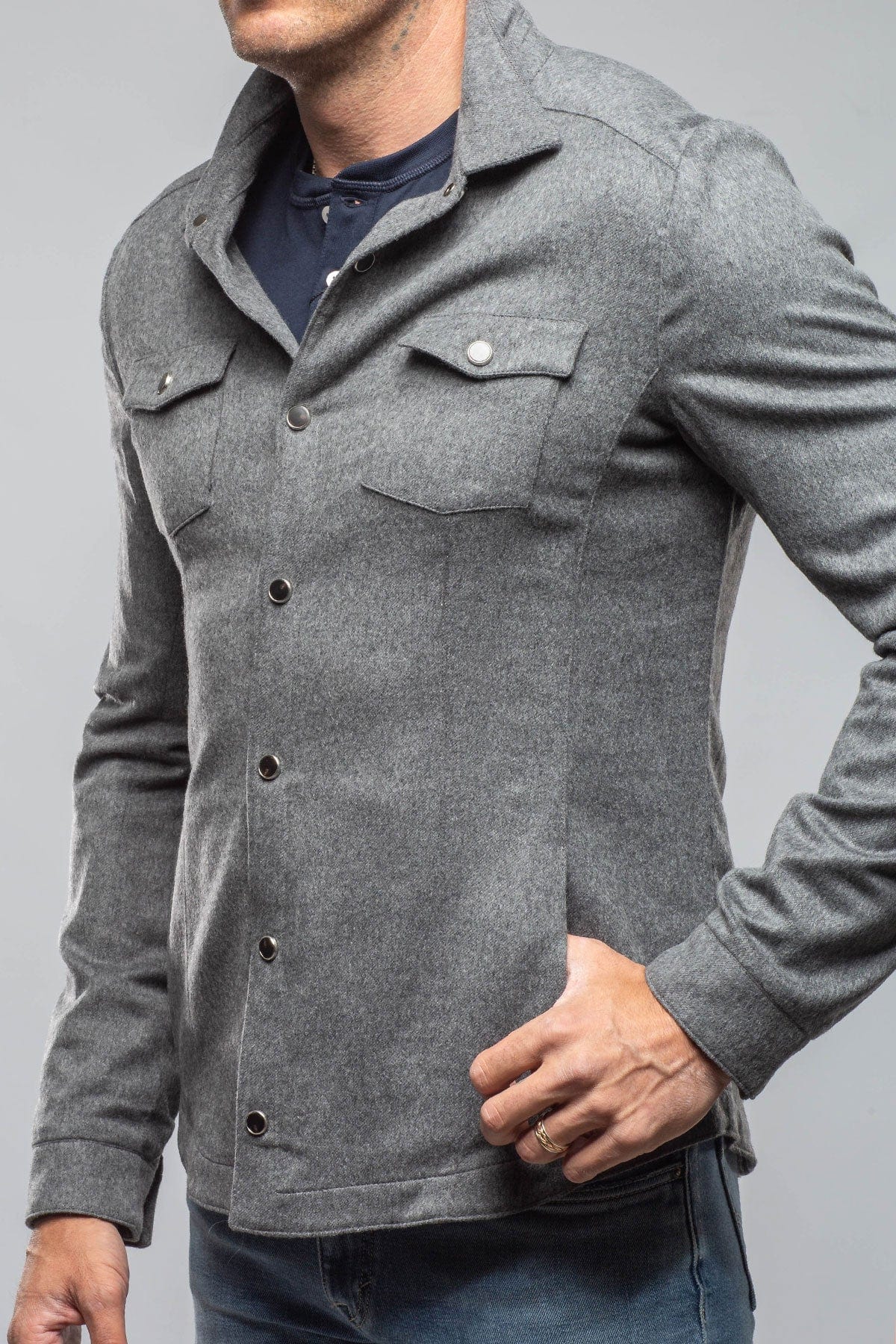 Ashford Lux Cashmere Silk Snap Shirt In Grey - AXEL'S