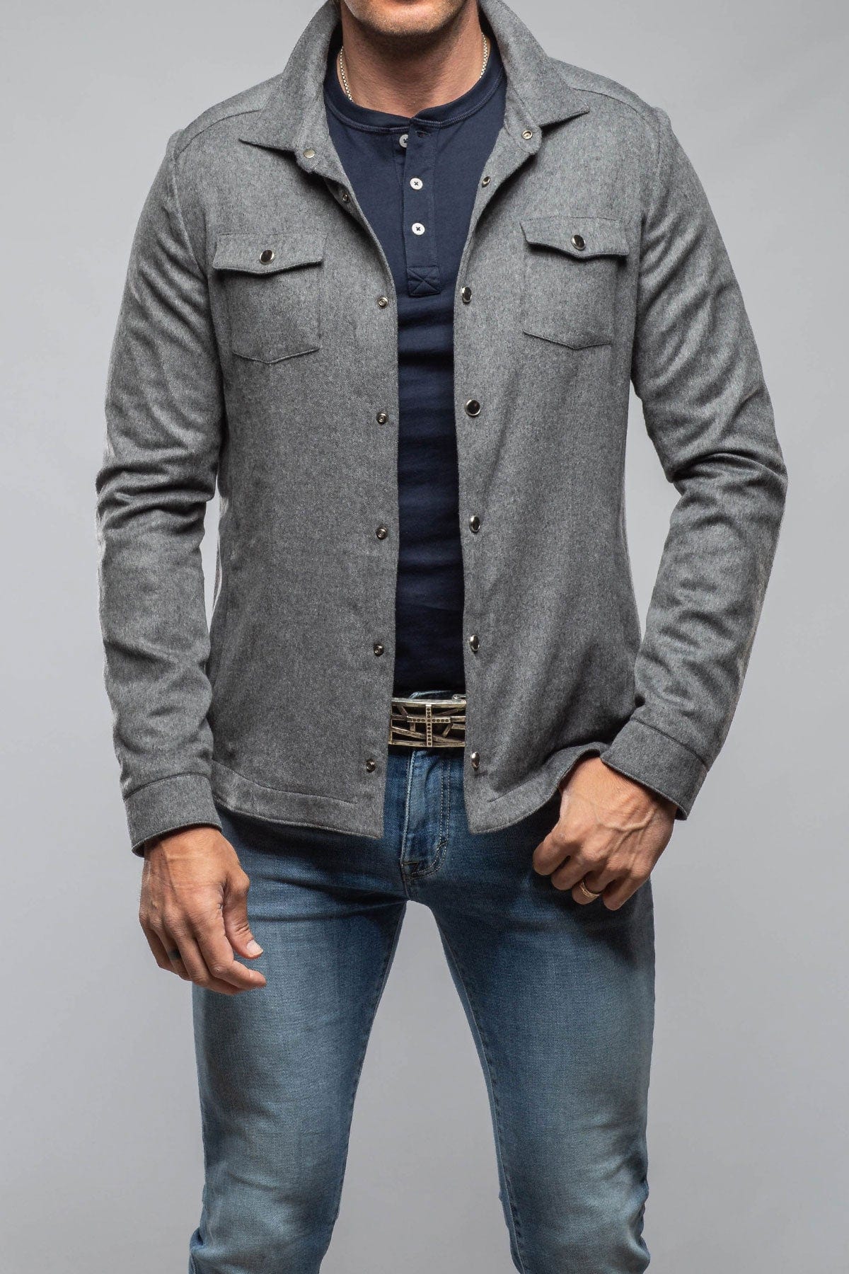 Ashford Lux Cashmere Silk Snap Shirt In Grey - AXEL'S