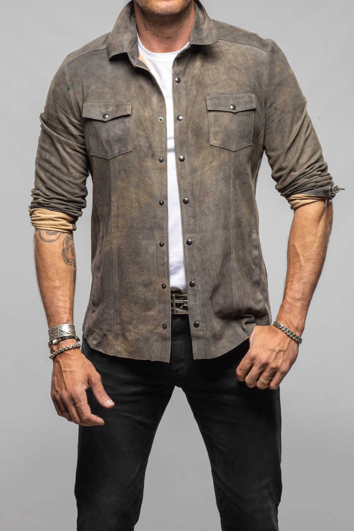 Axel's Florence Collection Bello Suede Shirt In Washed Steel Mens - Outerwear - Leather