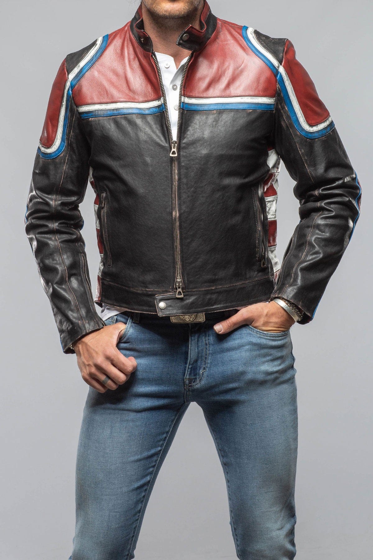 Retro Biker Jacket In Burgundy, White - AXEL'S
