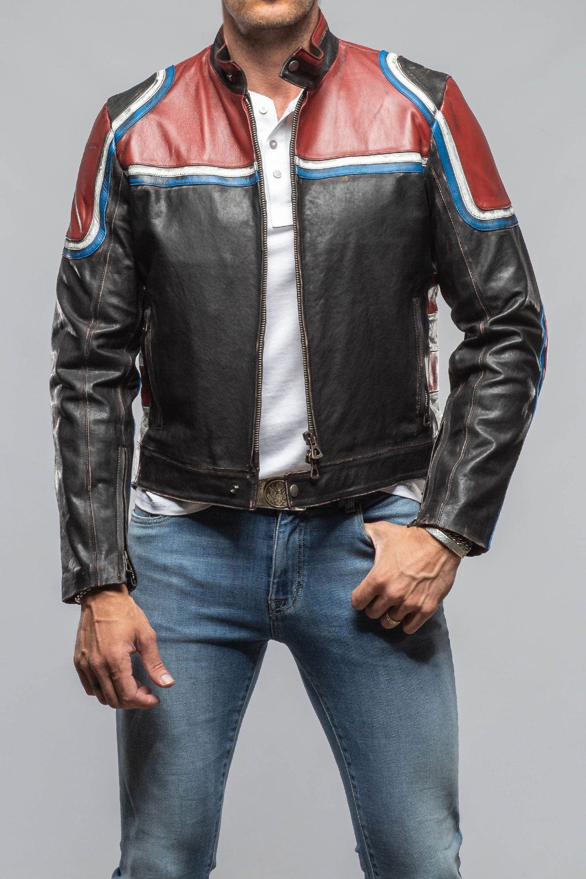 Retro Biker Jacket In Burgundy, White - AXEL'S