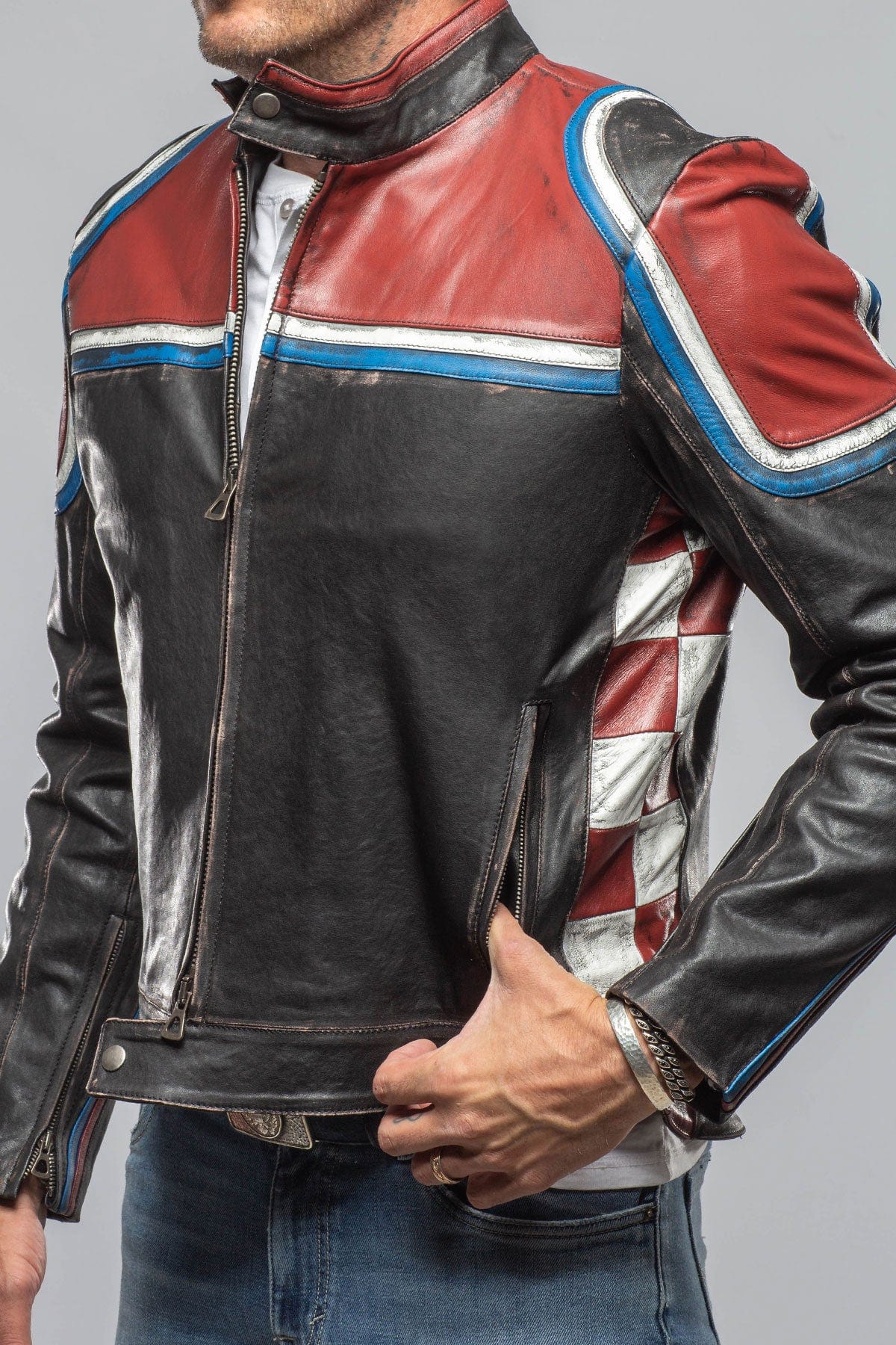 Retro Biker Jacket In Burgundy, White - AXEL'S