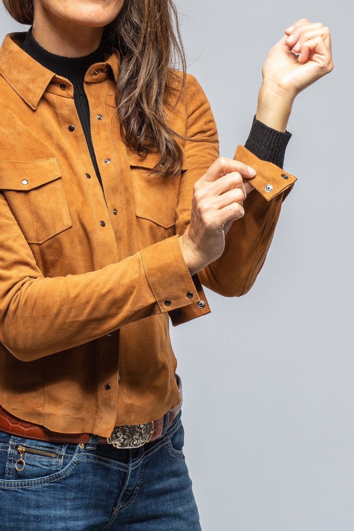 Giulia Suede Snap Shirt in Whiskey - AXEL'S