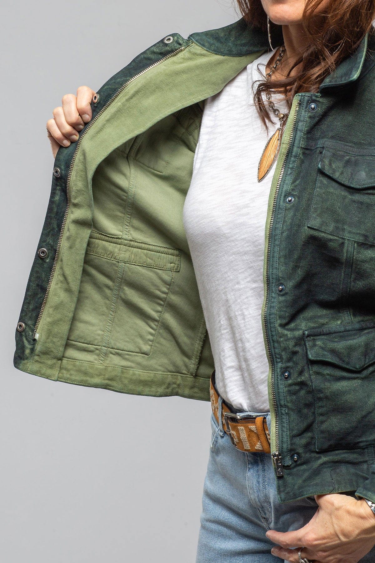 Axel's Premium Denim Beale Over-Dyed Moleskin Jacket In Avocado Ladies - Outerwear - Lightweight