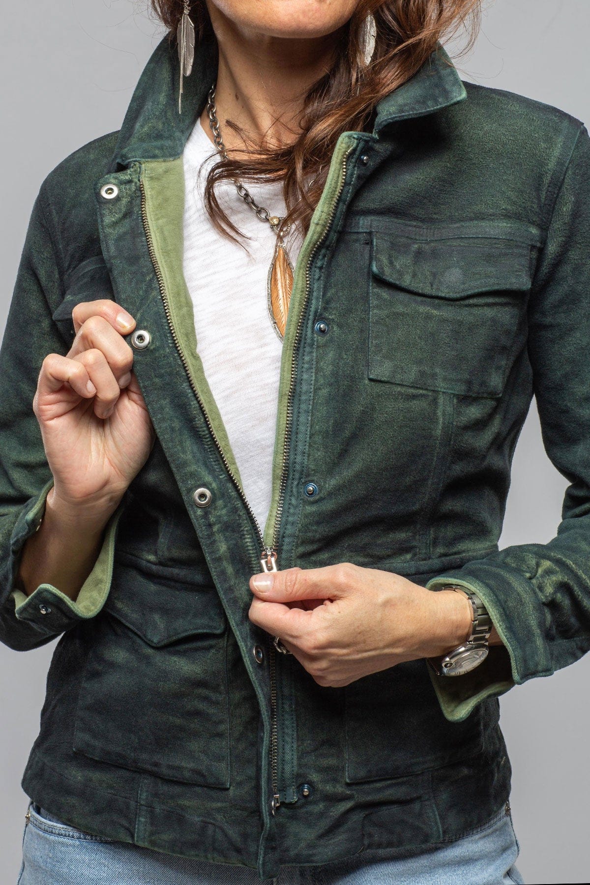Axel's Premium Denim Beale Over-Dyed Moleskin Jacket In Avocado Ladies - Outerwear - Lightweight