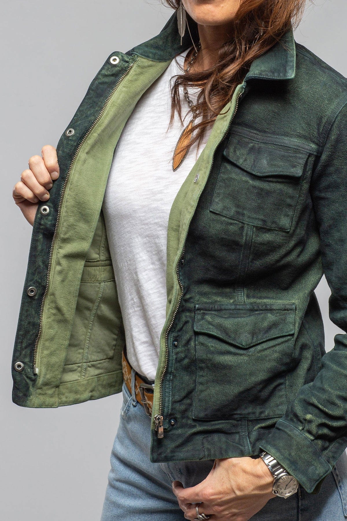 Axel's Premium Denim Beale Over-Dyed Moleskin Jacket In Avocado Ladies - Outerwear - Lightweight