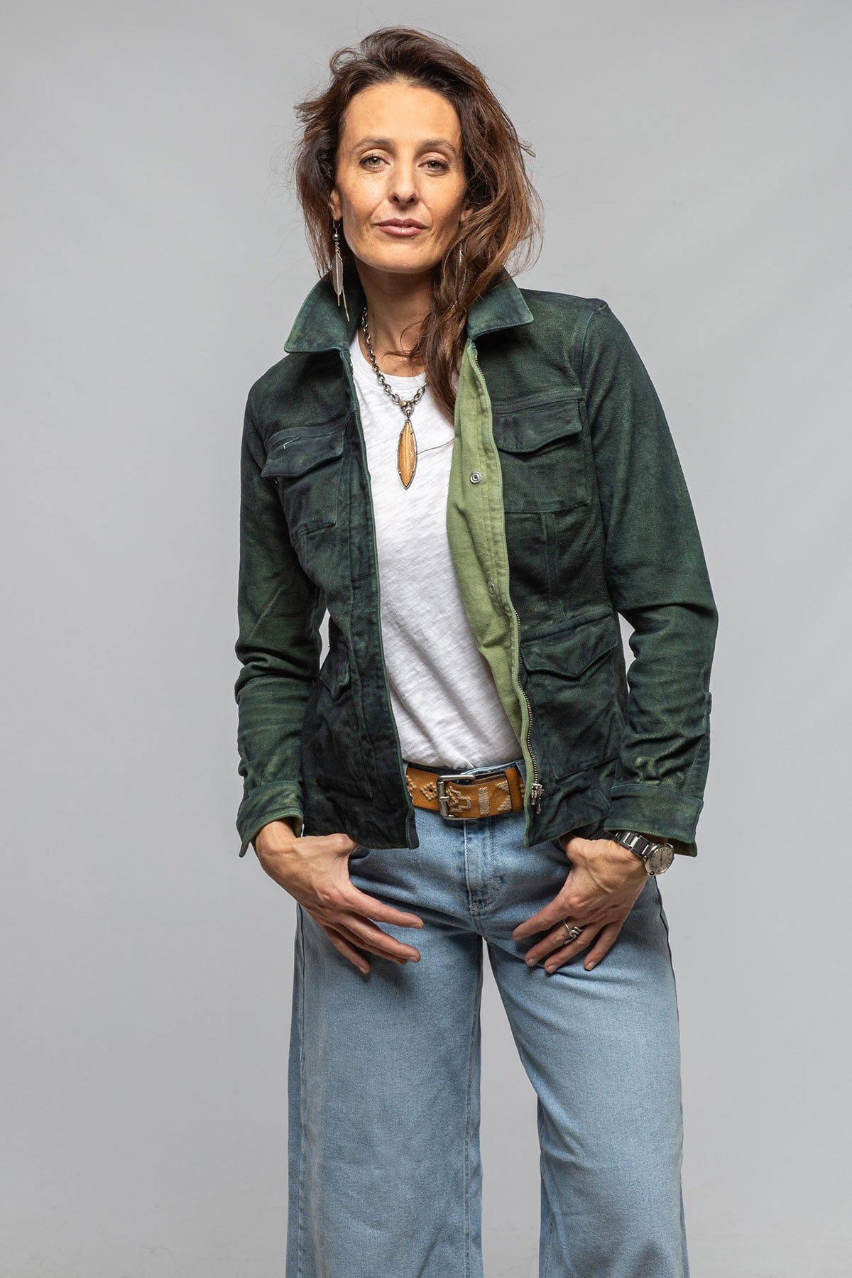 Axel's Premium Denim Beale Over-Dyed Moleskin Jacket In Avocado Ladies - Outerwear - Lightweight