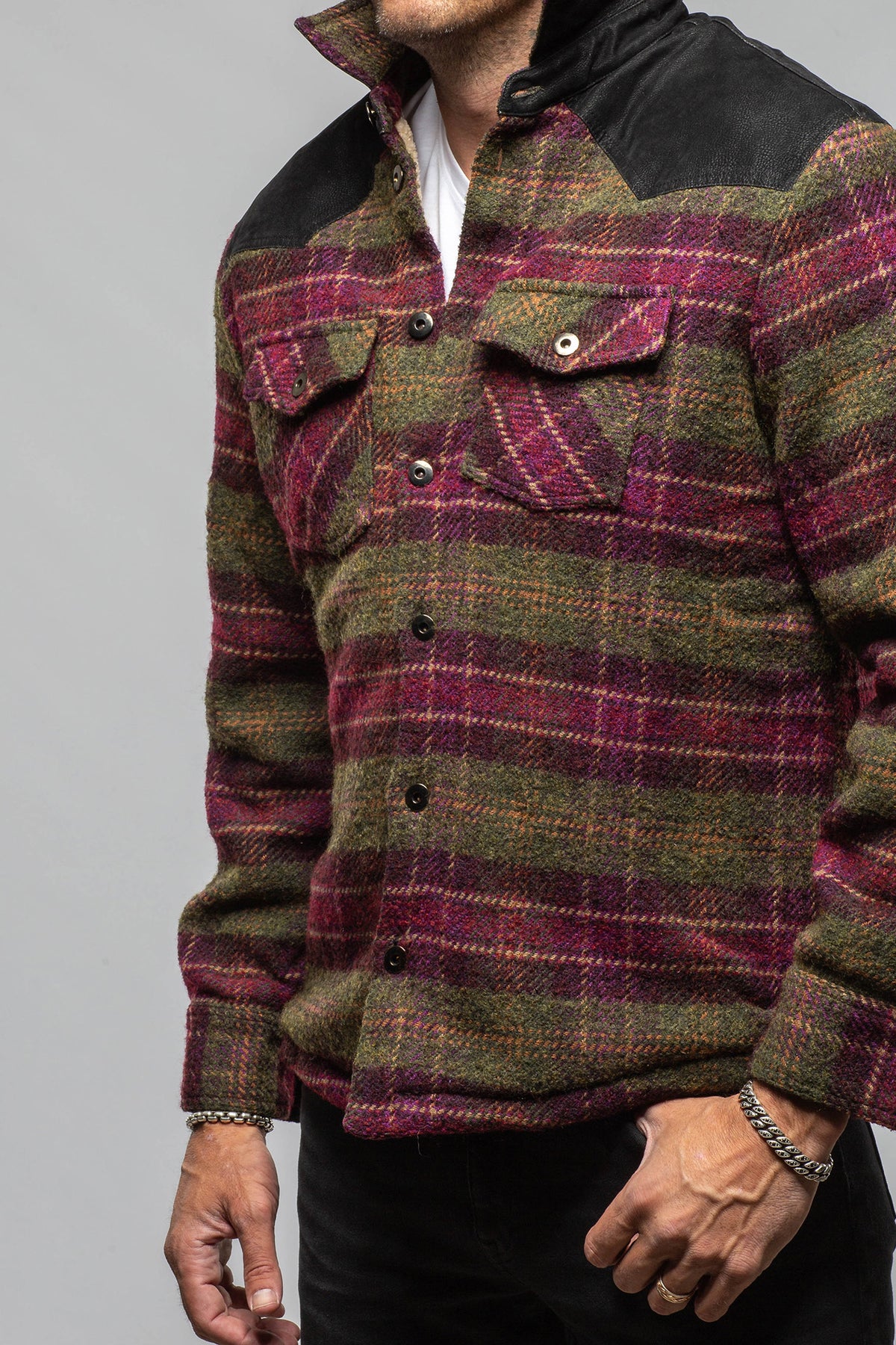 Axel's Premium Denim Colter JZ Plaid Sherpa Jacket In Olive Wine Mens - Outerwear - Lightweight