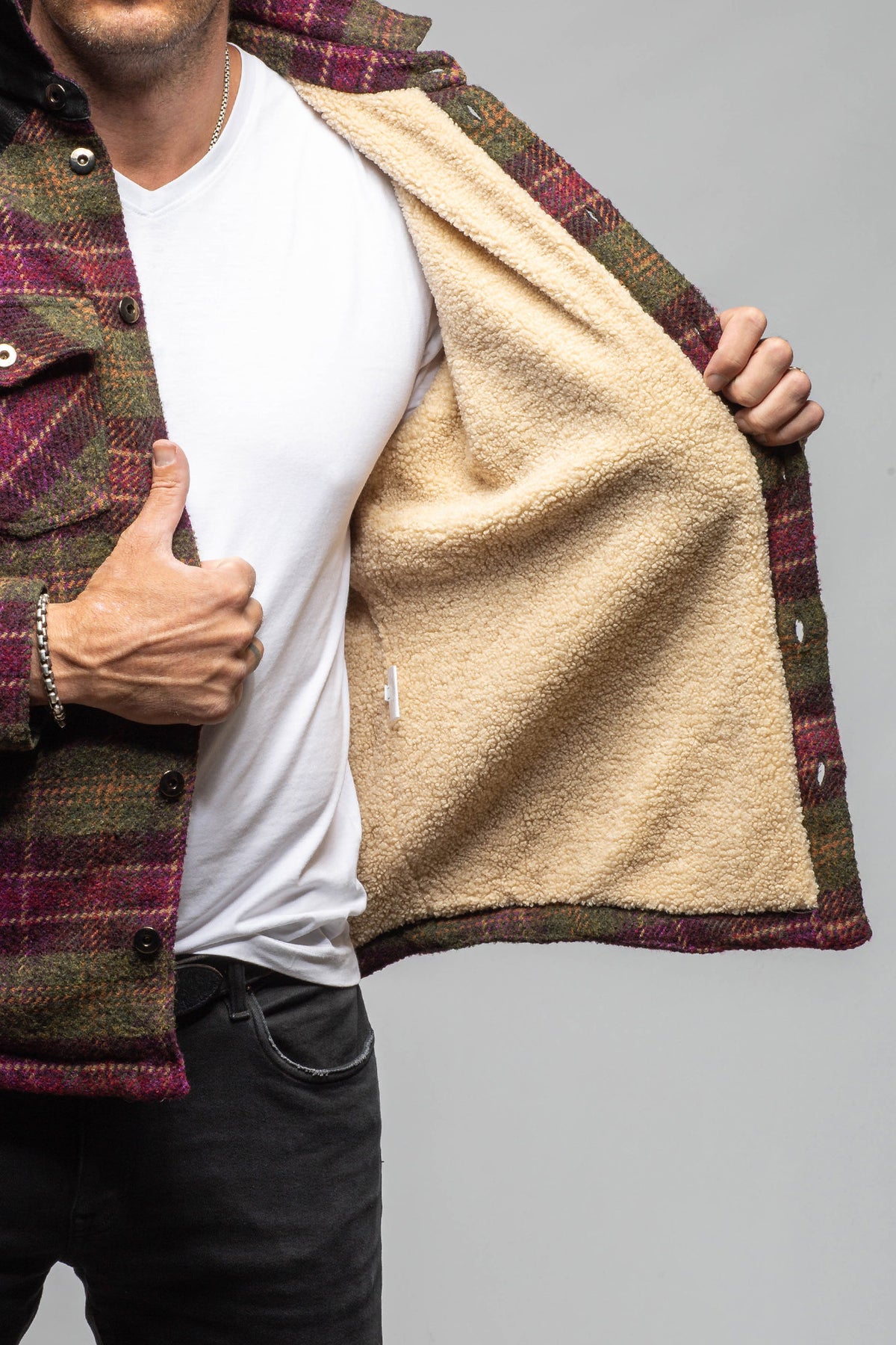 Axel's Premium Denim Colter JZ Plaid Sherpa Jacket In Olive Wine Mens - Outerwear - Lightweight