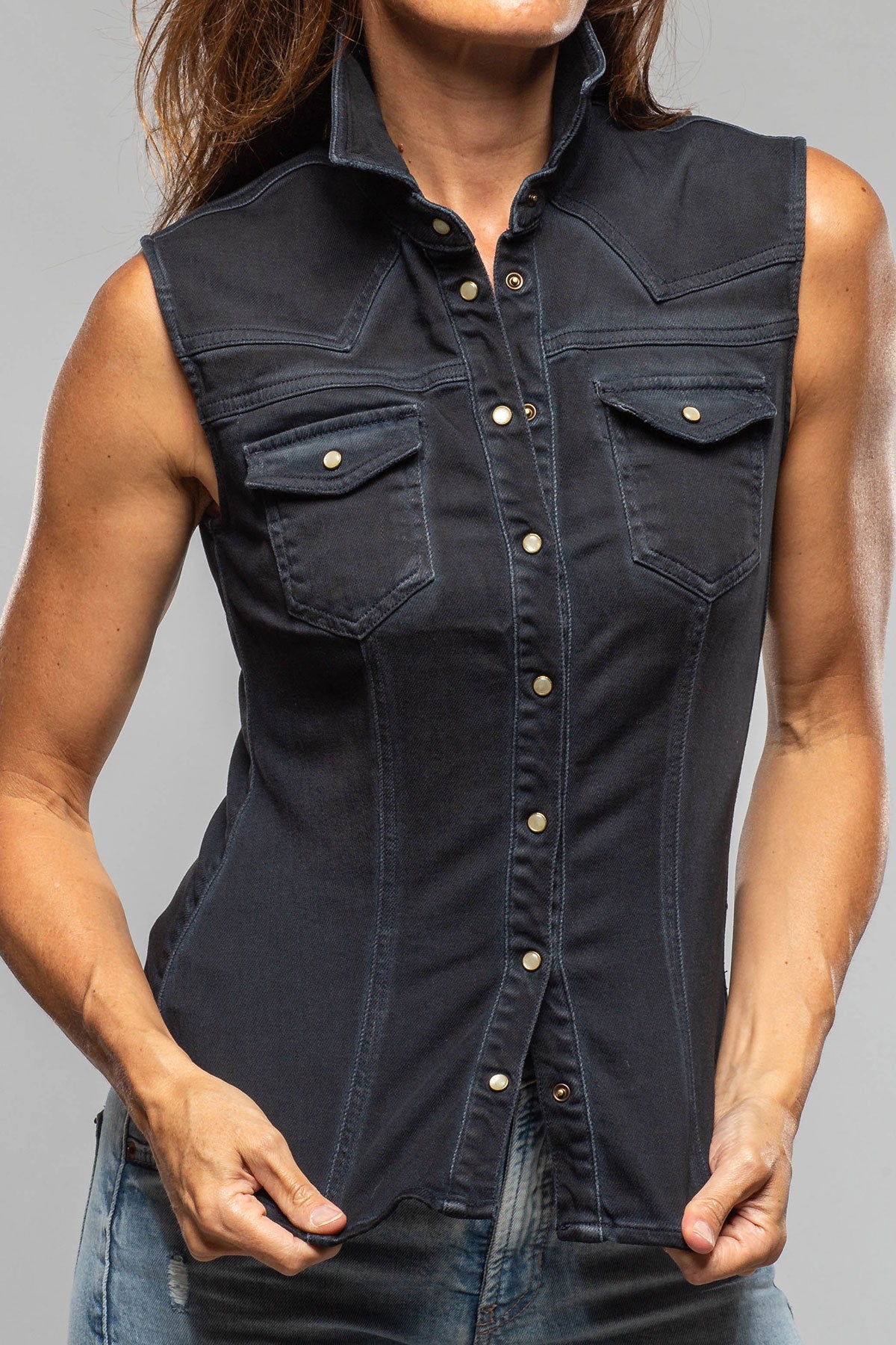 June Sleeveless Denim Snap Shirt In Black Overdye - AXEL'S
