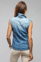 June Sleeveless Denim Snap Shirt In Light Blue Distressed - AXEL'S