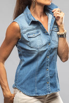 June Sleeveless Denim Snap Shirt In Light Blue Distressed - AXEL'S