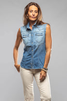 June Sleeveless Denim Snap Shirt In Light Blue Distressed - AXEL'S