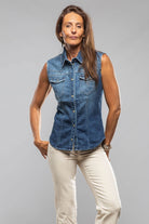 June Sleeveless Denim Snap Shirt In Mid Blue - AXEL'S