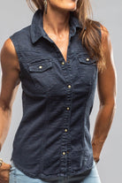 June Sleeveless Linen-Cotton Snap Shirt In Navy - AXEL'S