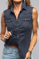 June Sleeveless Linen-Cotton Snap Shirt In Navy - AXEL'S