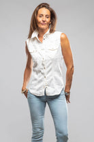 June Sleeveless Linen-Cotton Snap Shirt In White - AXEL'S