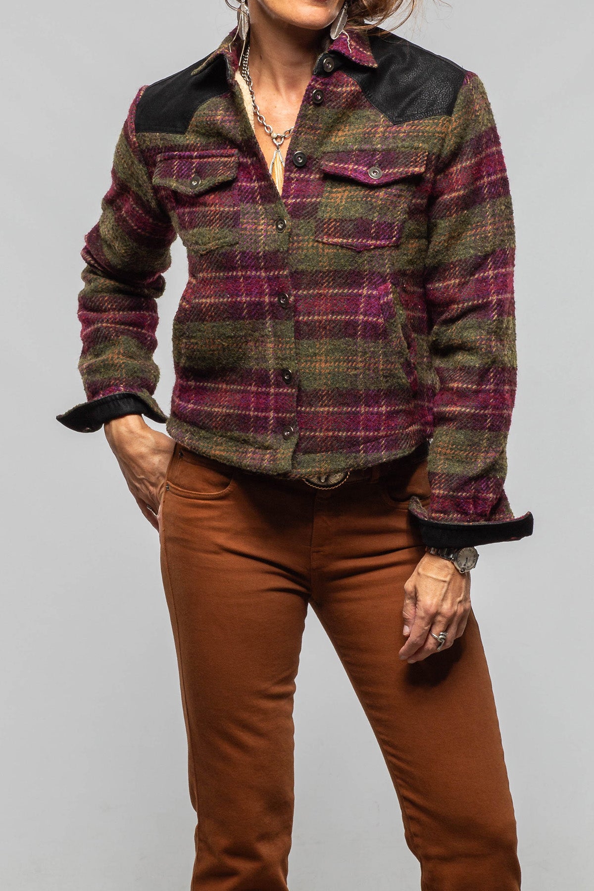 Kasey Plaid Sherpa Jacket In Olive Wine - AXEL'S