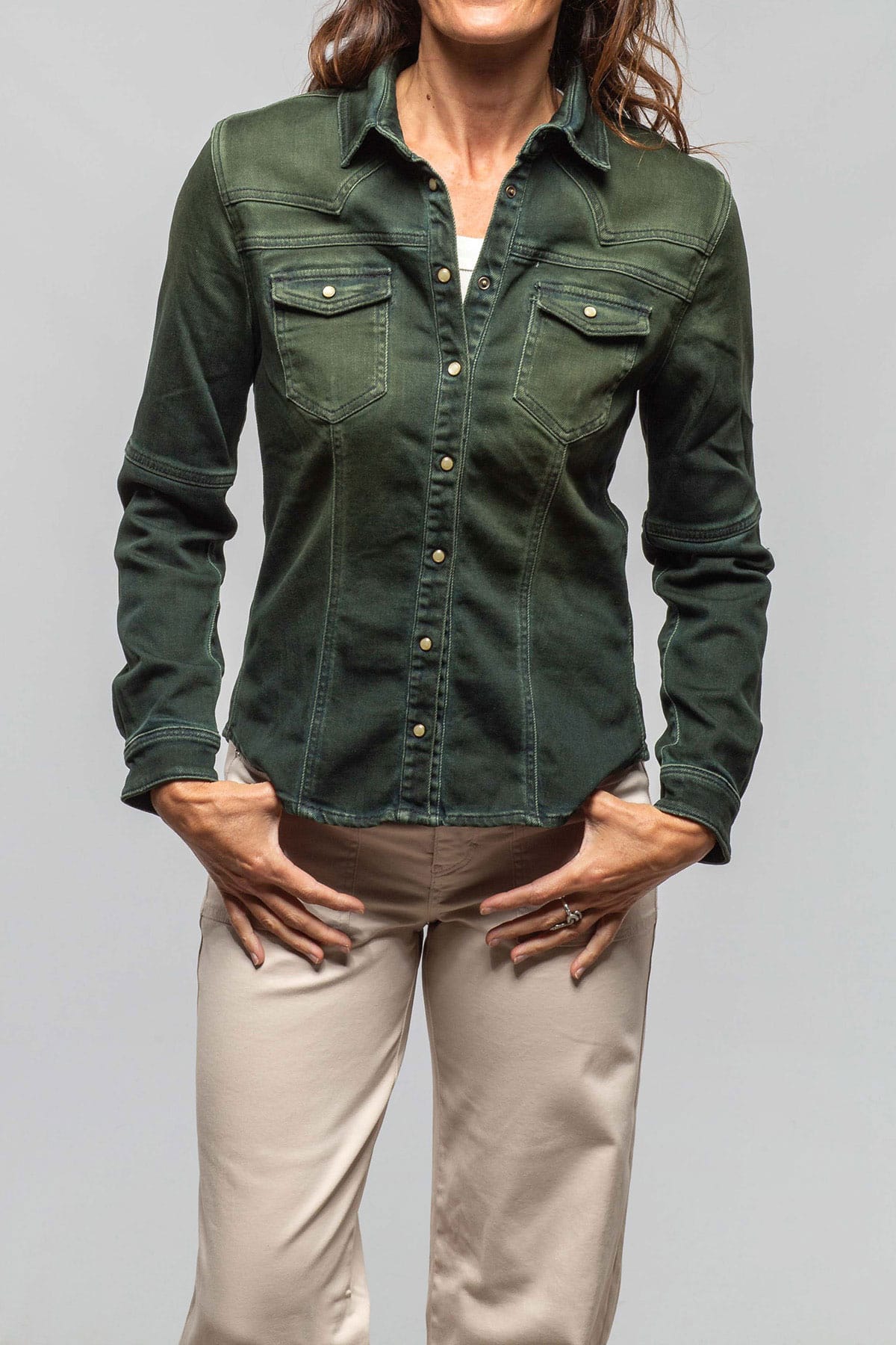 Maddi Fitted Western Snap Shirt In Avocado Over Dye - AXEL'S