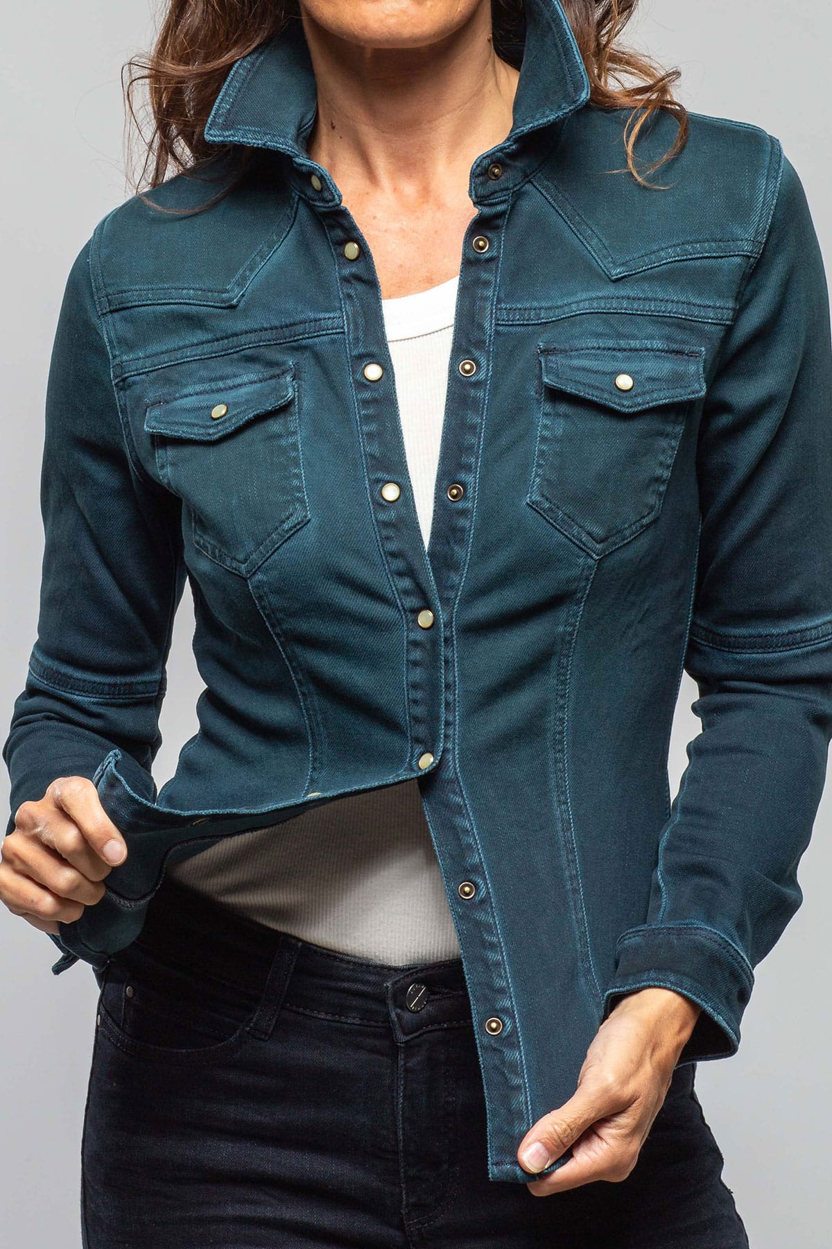 Maddi Fitted Western Snap Shirt In Petrol Over Dye - AXEL'S