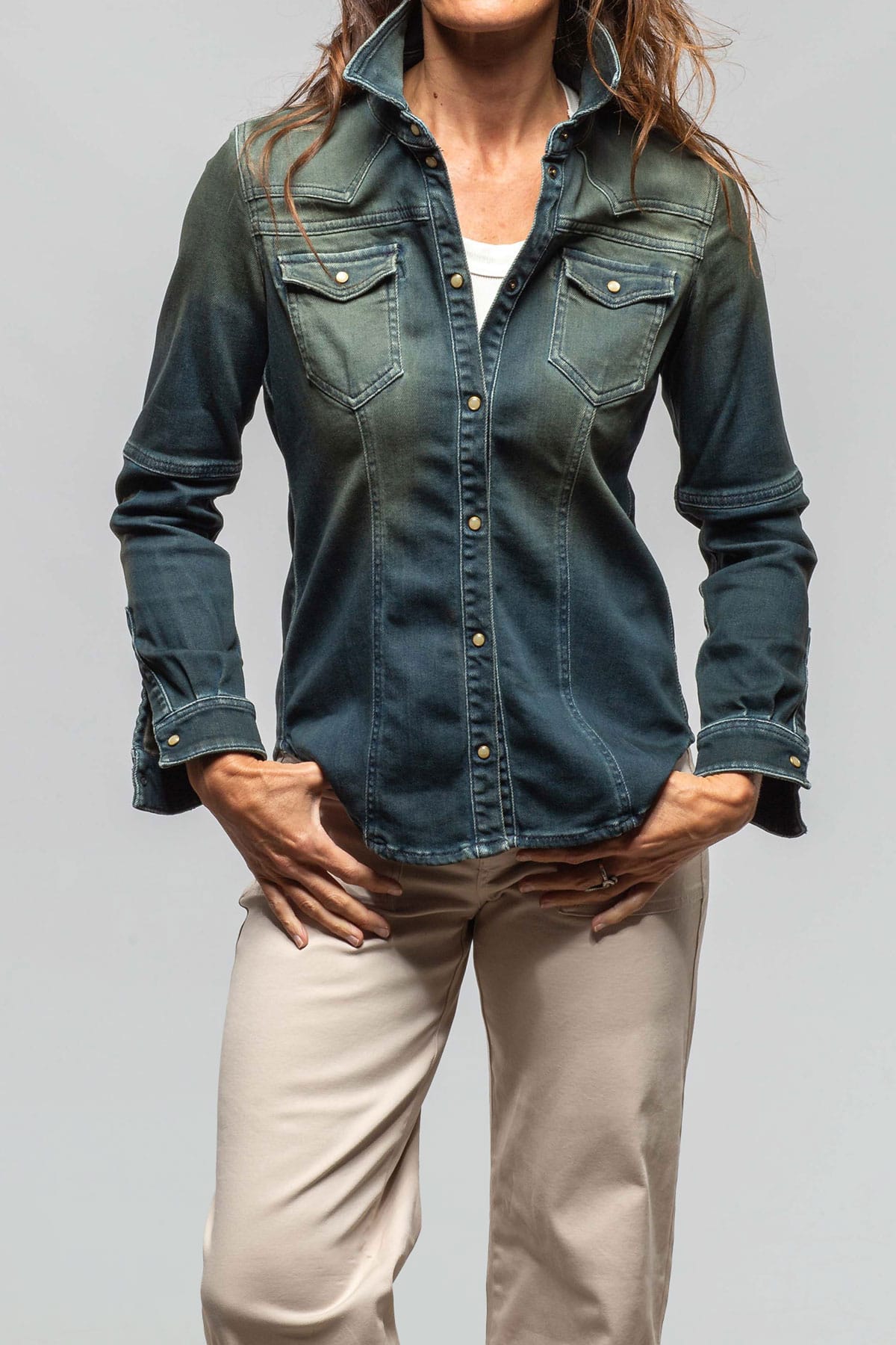 Maddi Western Snap Shirt In Green Over Dye - AXEL'S