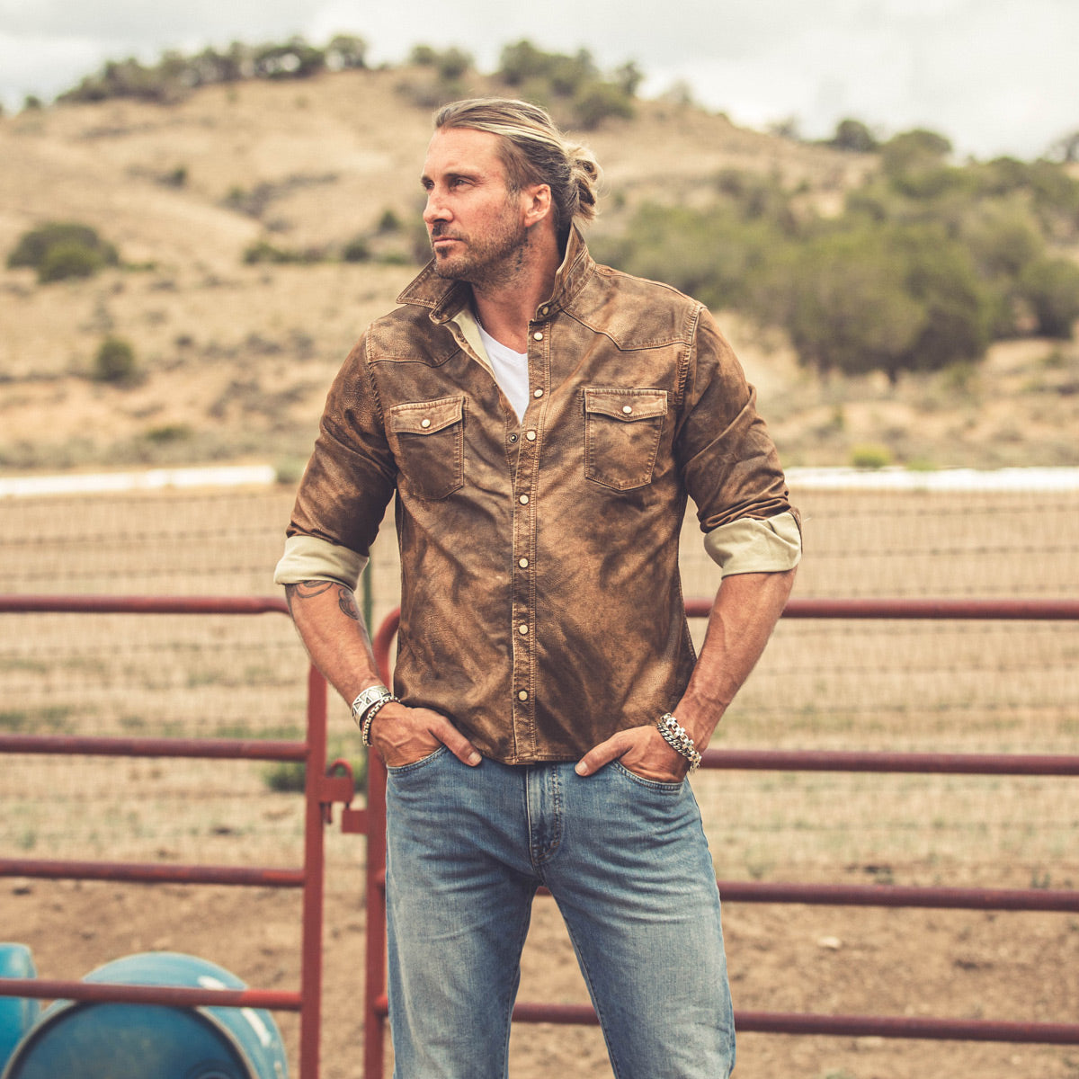 Rawlins Sueded Snap Shirt In Tobacco - AXEL'S