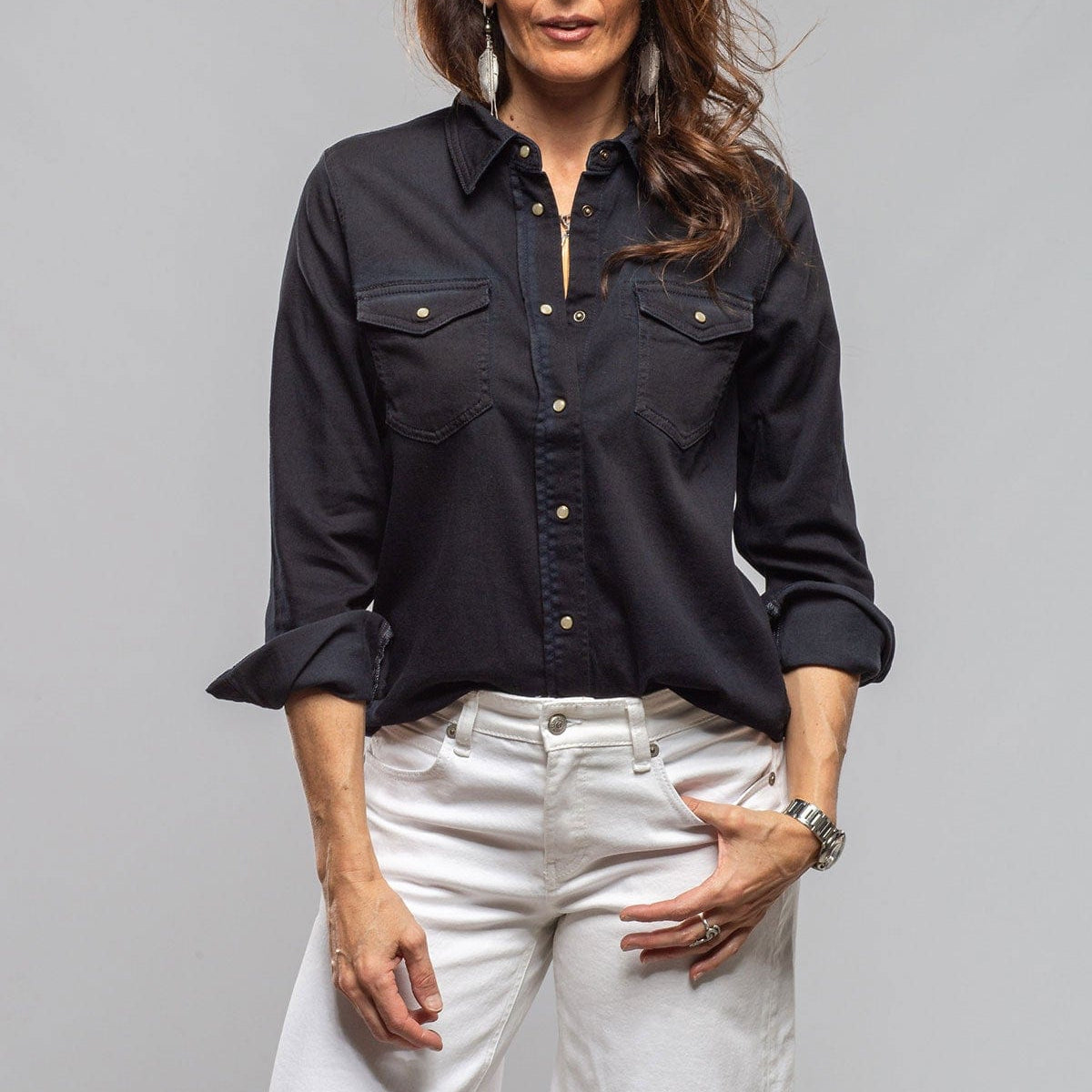 black dress chambray shirt Axel's Premium Denim Ricky Western Chambray Shirt In Blue/Black Overdye