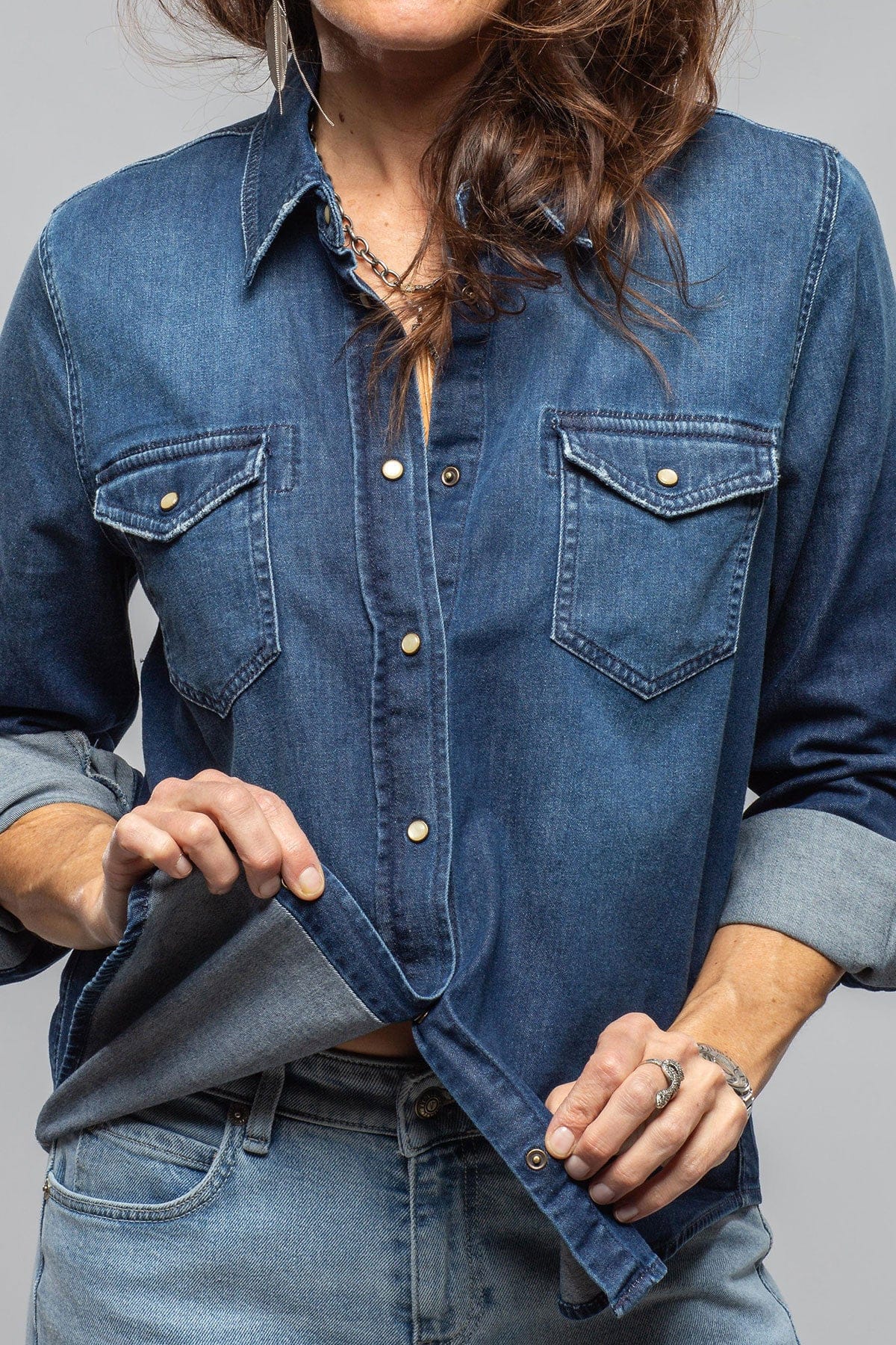 Axel's Premium Denim Ricky Western Chambray Shirt In Mid Dark Blue Ladies - Snap Shirts