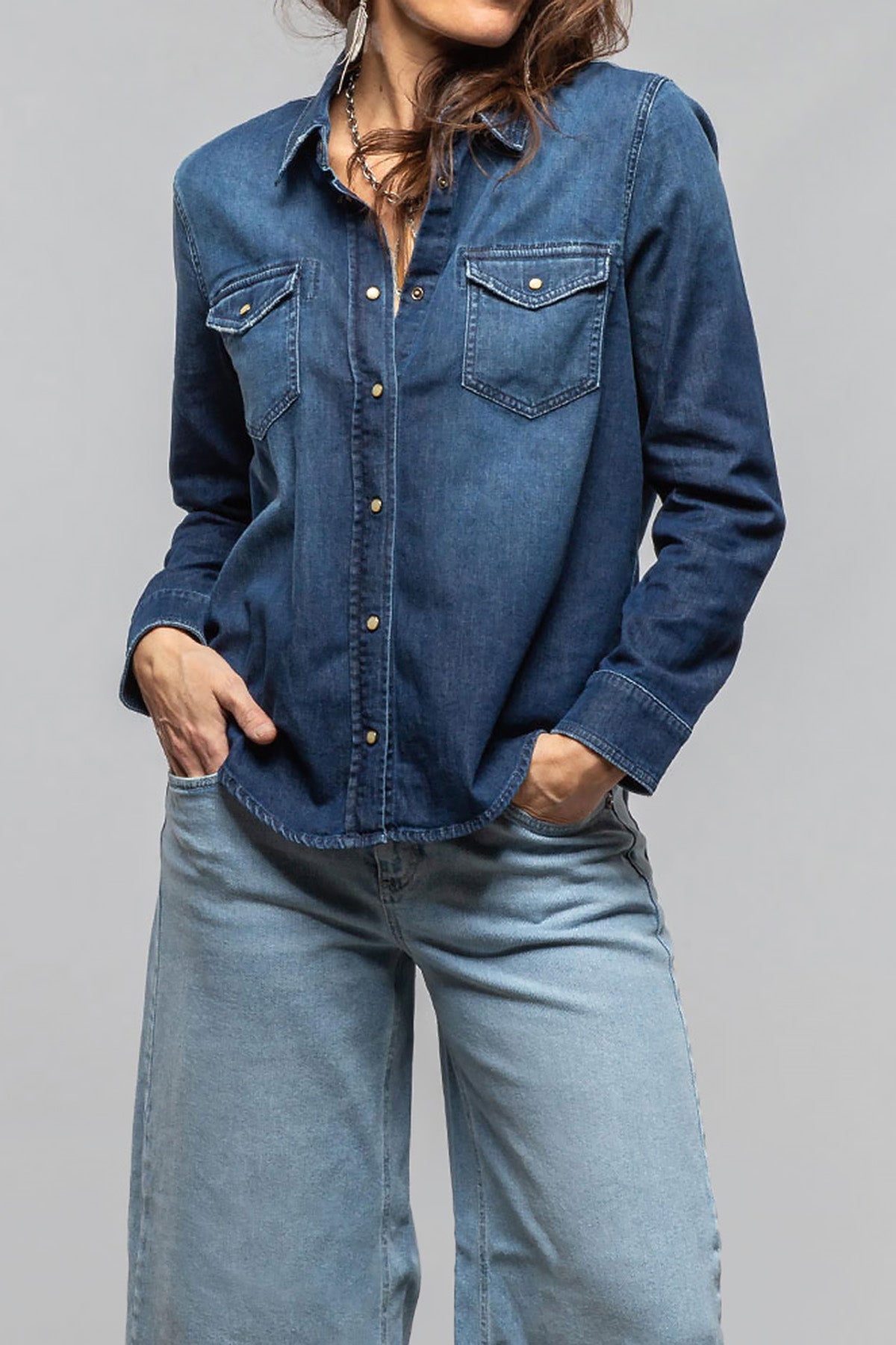 Ricky Western Chambray Shirt In Mid Dark Blue - AXEL'S